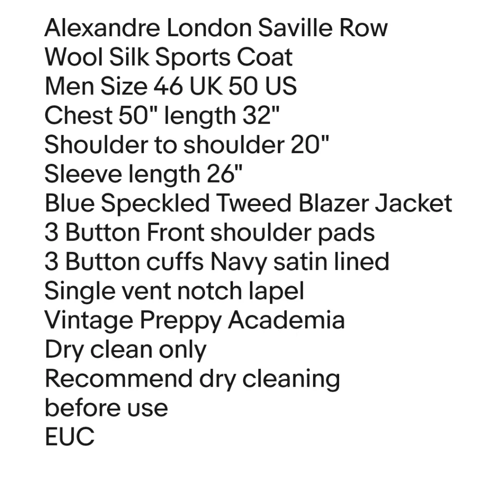 Alexandre London Saville Row Wool Silk Sports Coat Men US 50 Blue Blazer Jacket